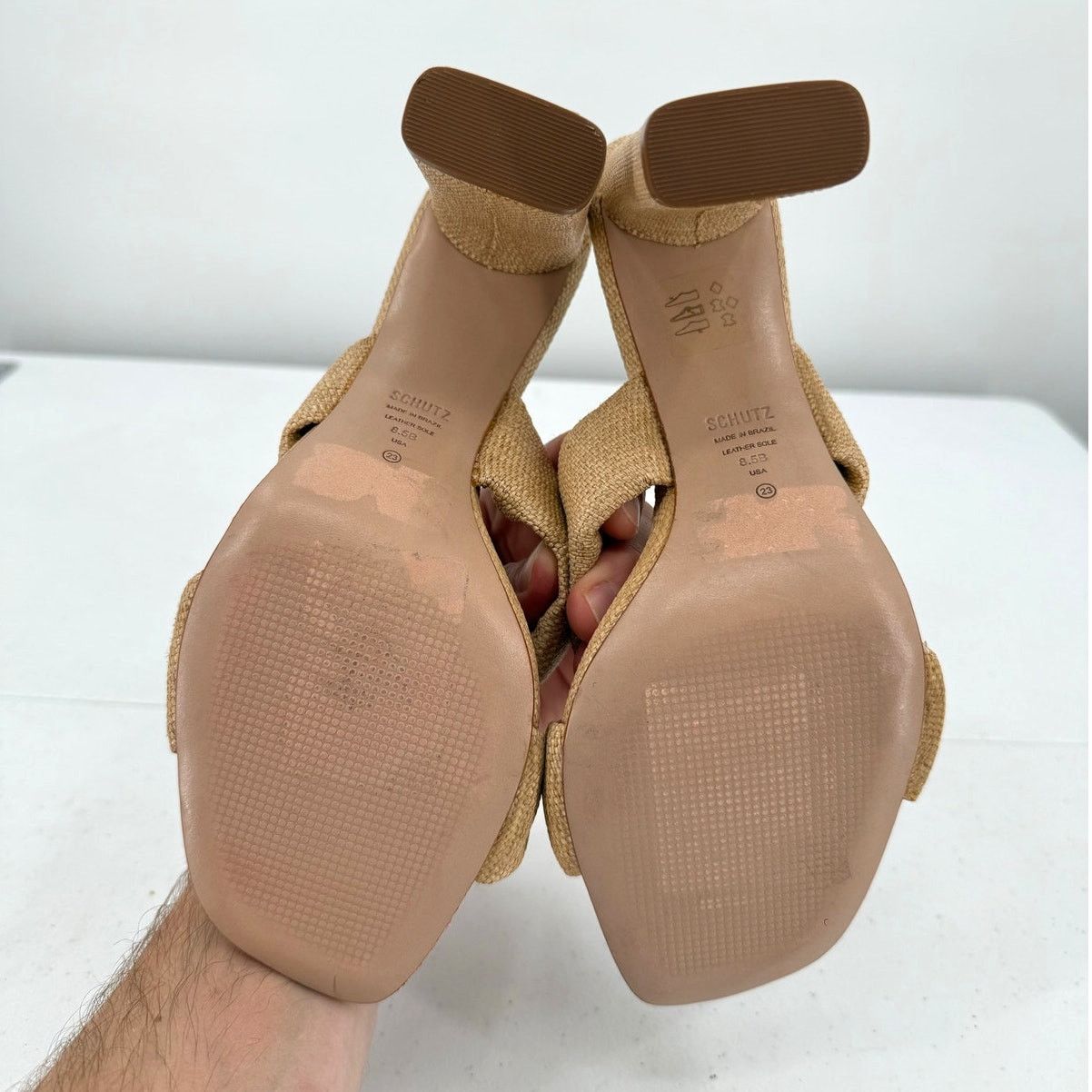 SCHUTZ NEW Schutz Fairy Eggshell Straw & Leather Mid Heel Sandal Size US 8.5 / IT 38.5 - 7 Thumbnail