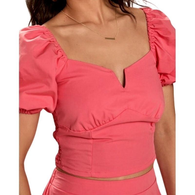 Other Francesca's Coral Pink Sandra Short Puff Sleeve Crop Blouse Size L / US 10 / IT 46 - 2 Thumbnail