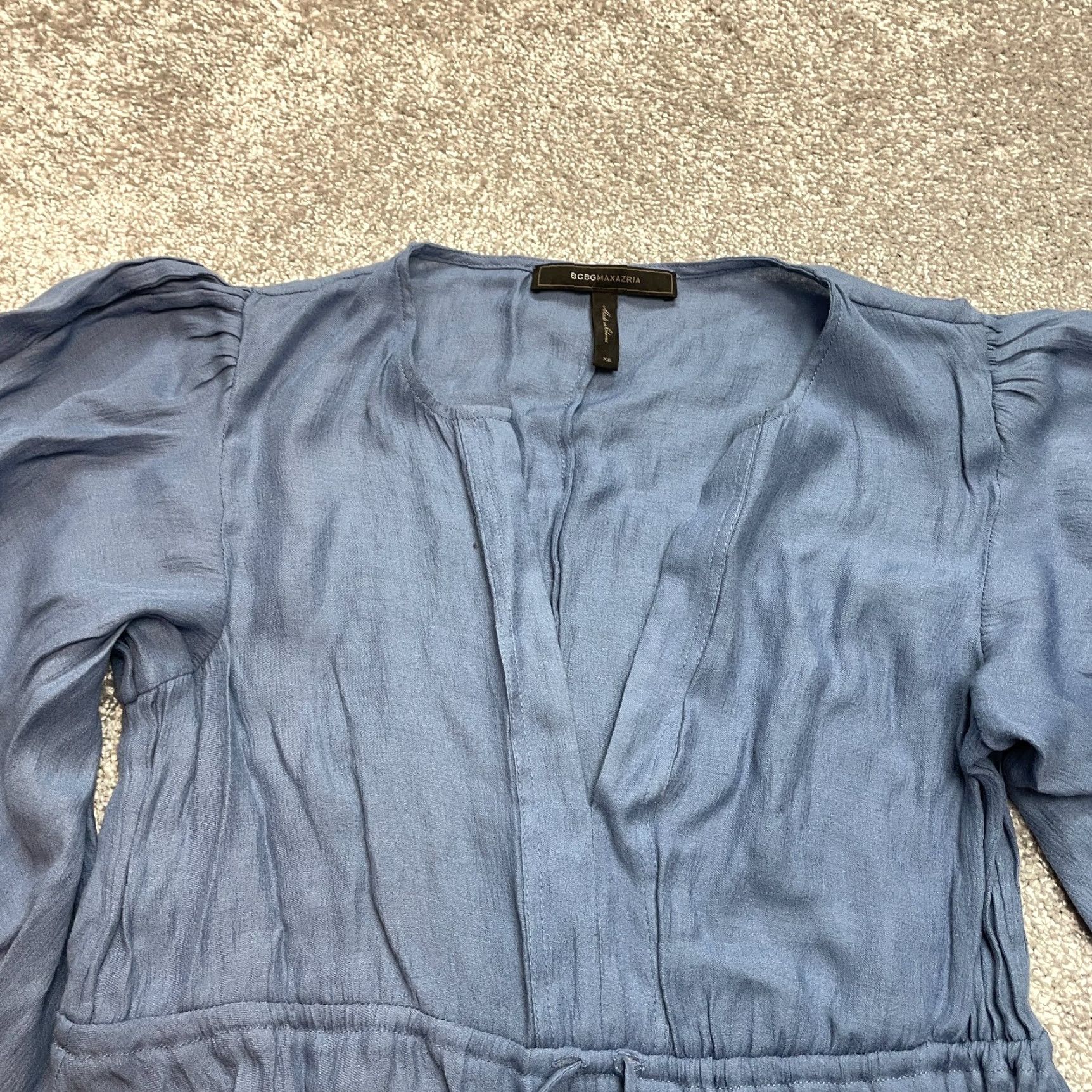 Bcbgmaxazria BCBGMAXAZRIA Blouson Dress Womens XS Blue Long Sleeve V-Neck Tie Waist Midi Dress Size XS / US 0-2 / IT 36-38 - 3 Thumbnail