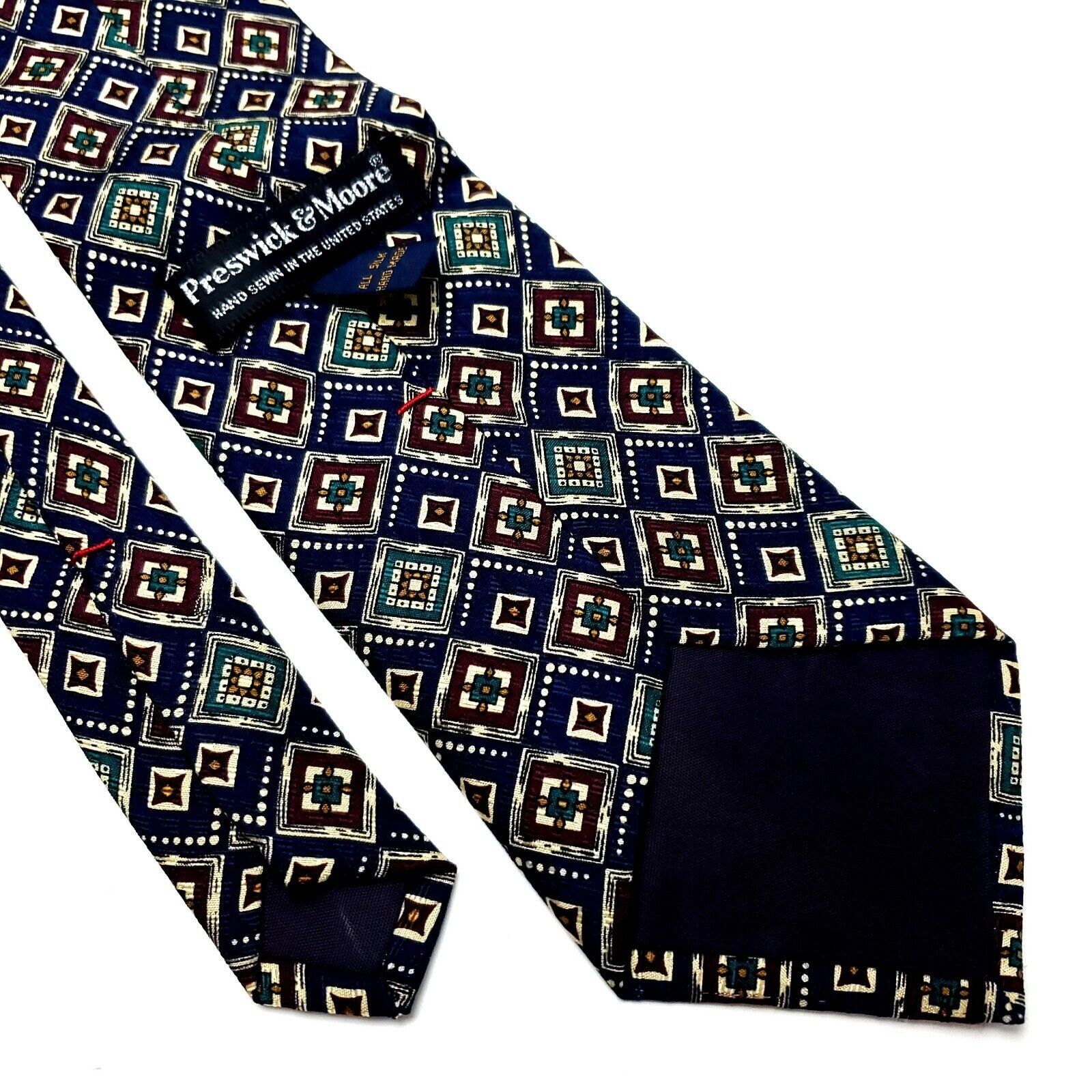 Vintage Preswick Moore Silk Tie Print Blue Geometric Short Wide Size ONE SIZE - 4 Thumbnail