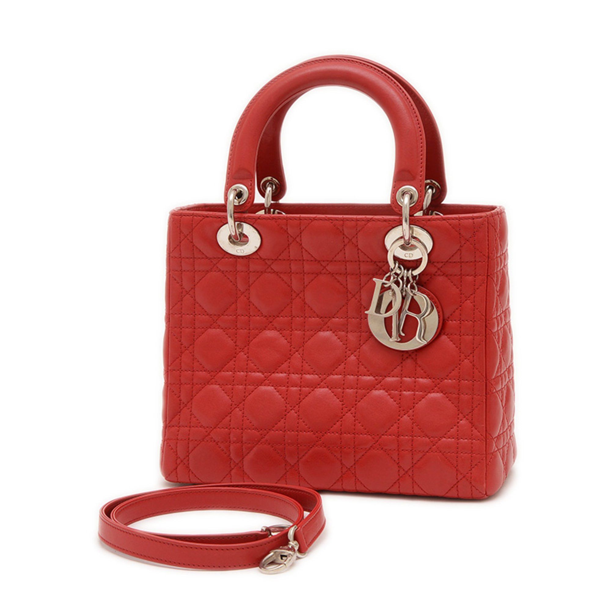 Christian Dior Dior Lady Cannage Medium 2Way Bag Shoulder Lambskin Red Bp, Women's