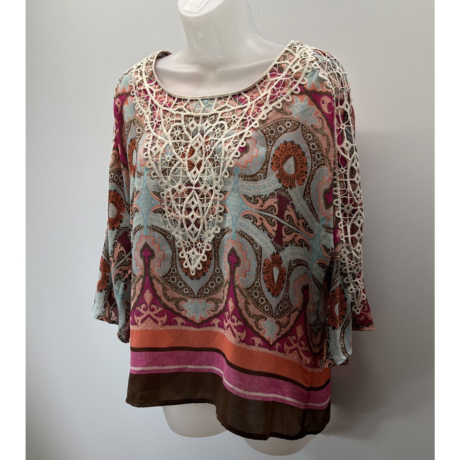 Chicos Chicos 3/4 Sleeve Safari Chic Crochet Trim Blouse Women's 1P Size XS / US 0-2 / IT 36-38 - 2 Thumbnail