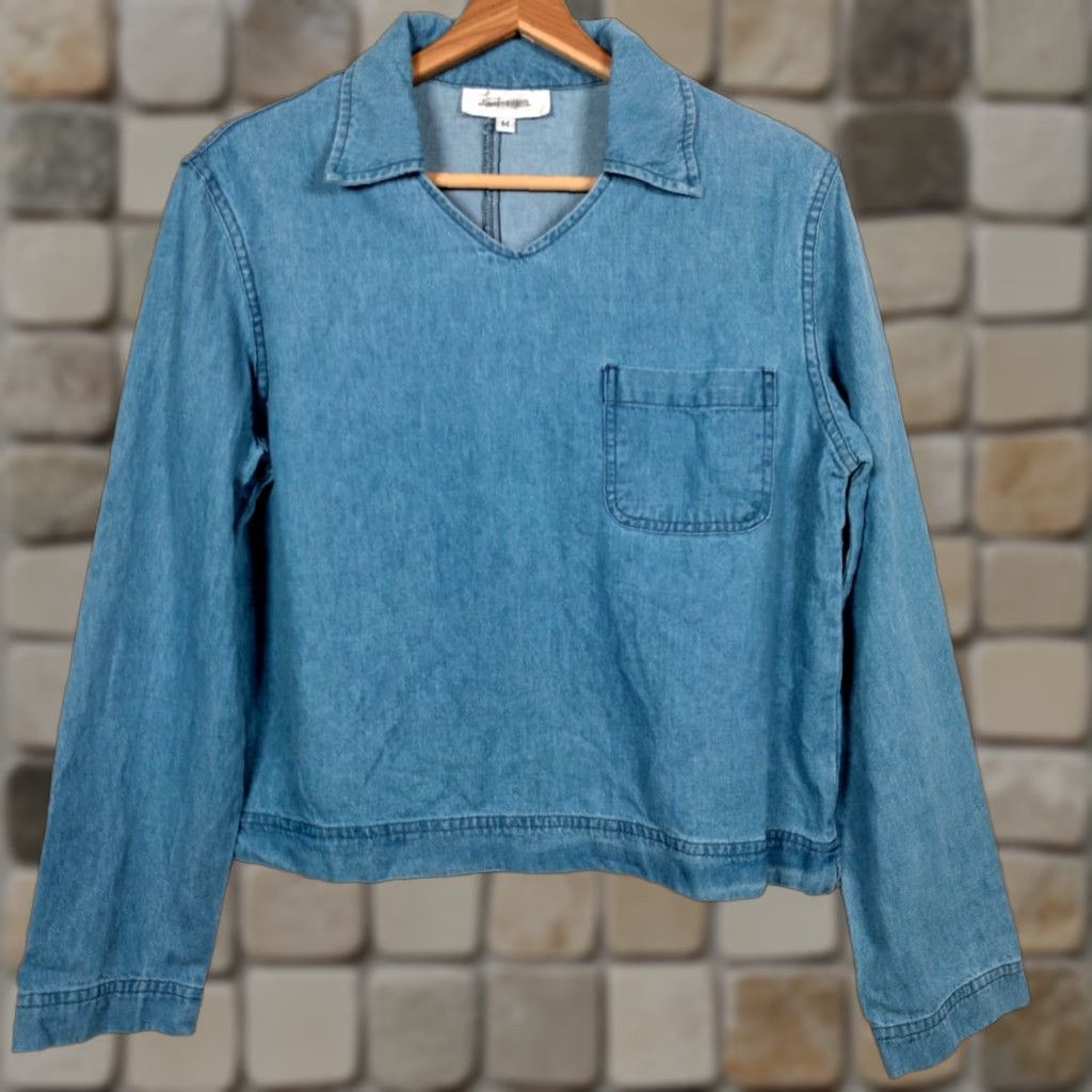 J. Jill VINTAGE J Jill Shirt Women M Blue Chambray Long Sleeve Collared V-Neck Classic USA Size M / US 6-8 / IT 42-44 - 1 Thumbnail
