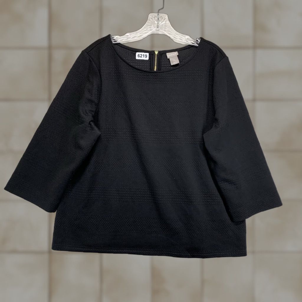 Vintage Chico's Blouse Shirt Black Geometric Pattern Thick Knit Back Zip 3/4 Sleeve Regular Women Size 2 Knit Polyester Rayon Spandex Zipper Size XS / US 0-2 / IT 36-38 - 1 Thumbnail