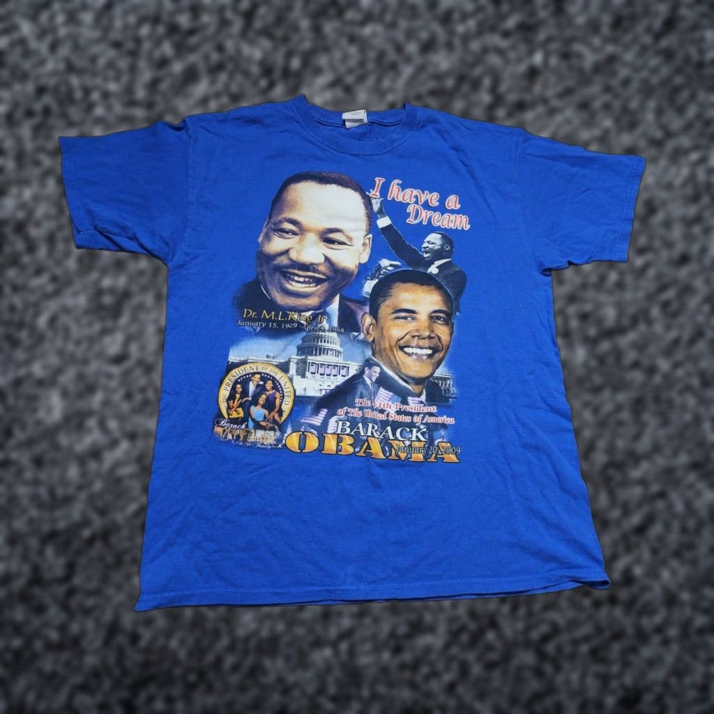 Gildan Vtg Barack Obama Martin Luther King Jr Dream Double-Sided T Shirt Mens L Blue Gildan Crew Neck Short Sleeve USA USA Theme Size US L / EU 52-54 / 3 - 1 Thumbnail