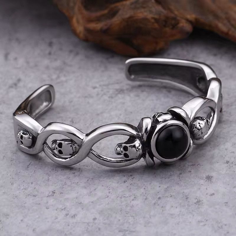 Vintage Stainless Steel Skull Bangle With Black Gemstone Size ONE SIZE - 6 Thumbnail