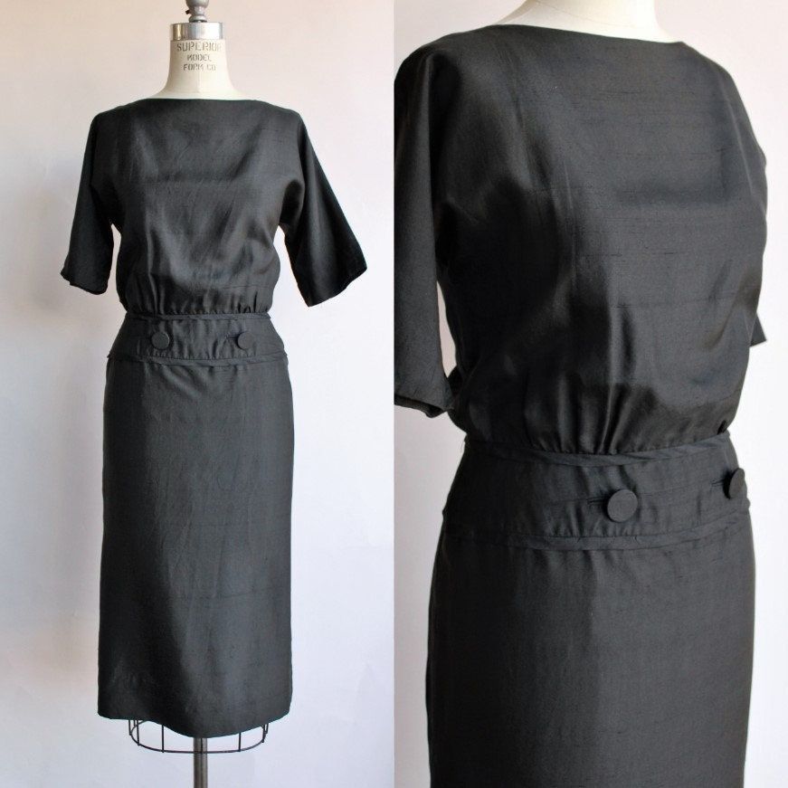 Vintage Vintage 1950s 1960s Dress, Carl Naftal Black Dupioni Silk Li Size M / US 6-8 / IT 42-44 - 1 Thumbnail