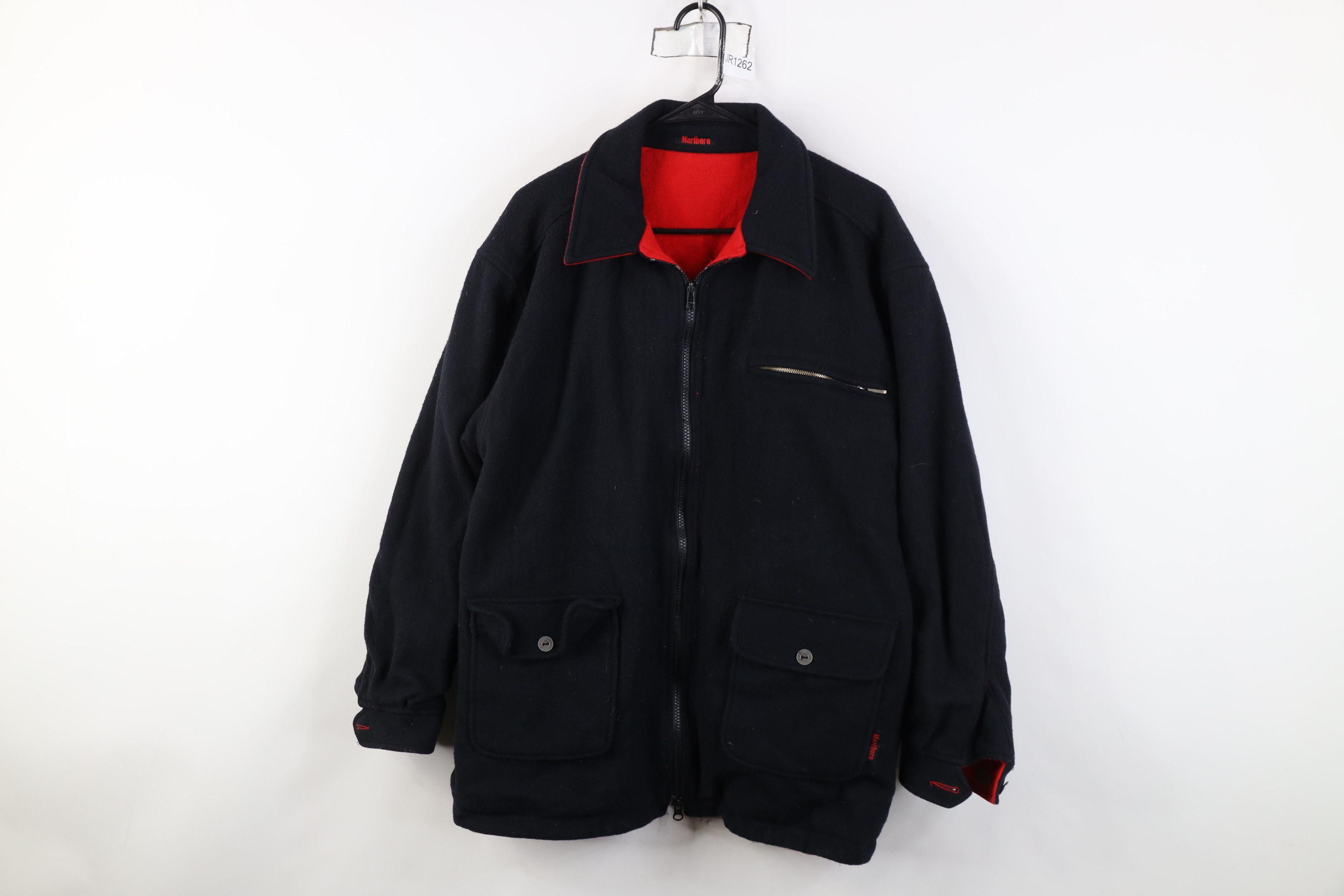 Vintage 90s Marlboro Reversible Wool Jacket Coat Black Red