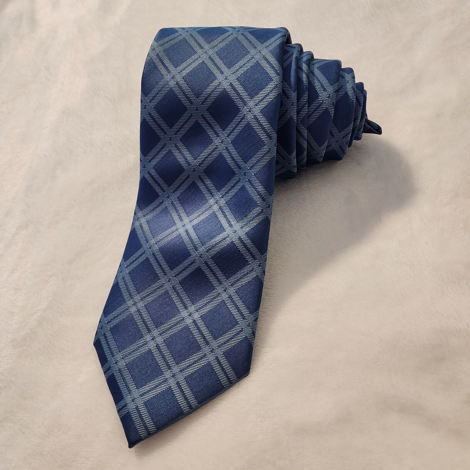 Lands' End Blue Tie with Geometric Check Stripe Standard Size Classic Size ONE SIZE - 1 Thumbnail