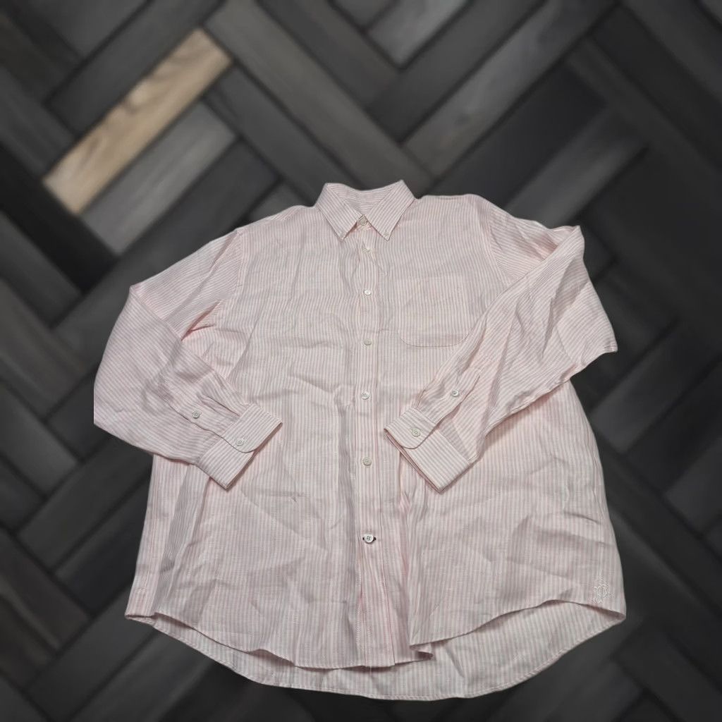Pinko Purdey Shirt Mens XL Pink Striped Linen Button-Down Long Sleeve Lightweight Regular Fit Size US XL / EU 56 / 4 - 1 Thumbnail