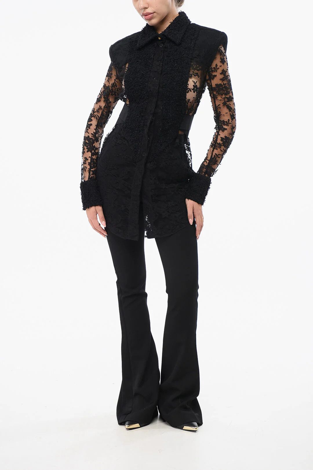 Balmain og1mm0326 Padded Shoulder Straps Lace Blouse in Black Size XS / US 0-2 / IT 36-38 - 4 Thumbnail