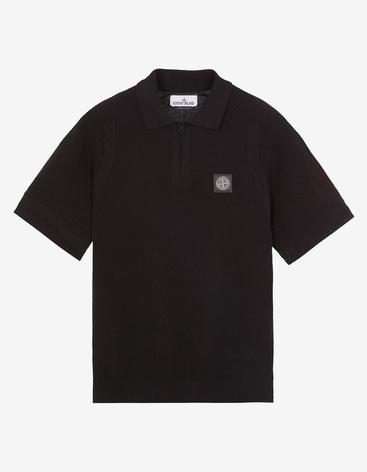 Image of Stone Island Black Compass Logo Knitted Polo T-Shirt, Men's (Size 2XL)