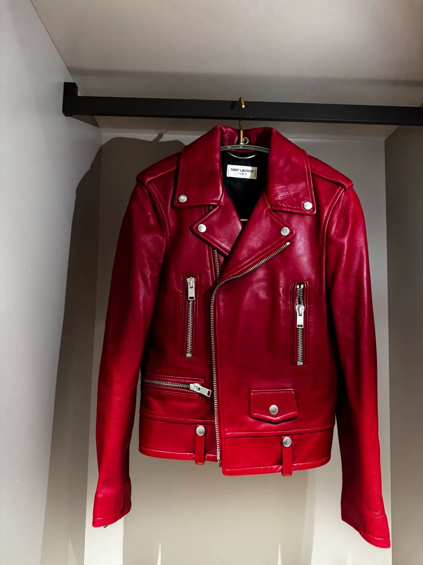 Saint Laurent Paris SAINT LAURENT Red Leather Biker Jacket Size XS / US 0-2 / IT 36-38 - 1 Thumbnail