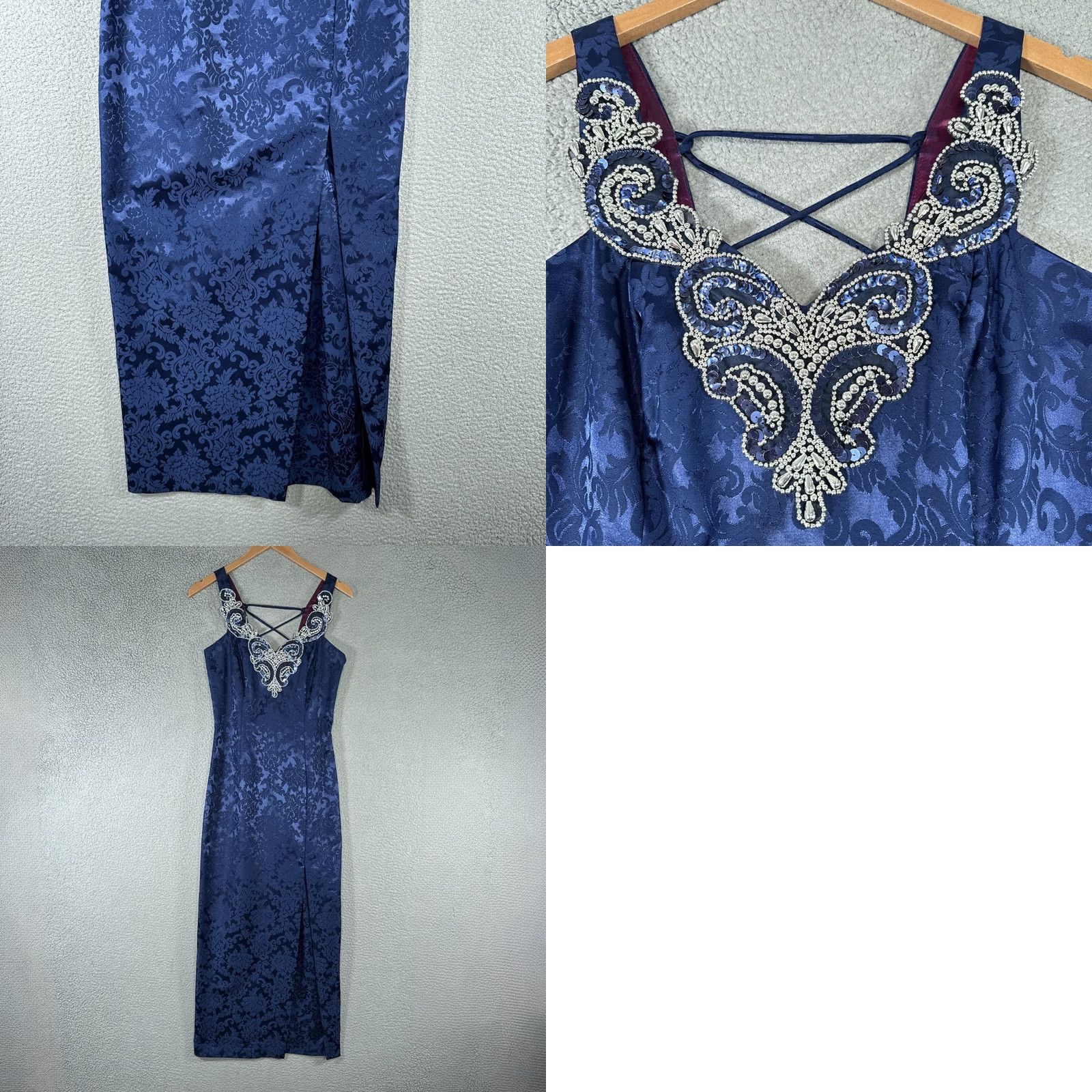 Jessica McClintock VINTAGE Jessica McClintock Dress Womens 9/10 Blue Jacquard Beaded Prom Gown Maxi Damask Sequin Formal Evening 90s Mens? Size L / US 10 / IT 46 - 10 Thumbnail
