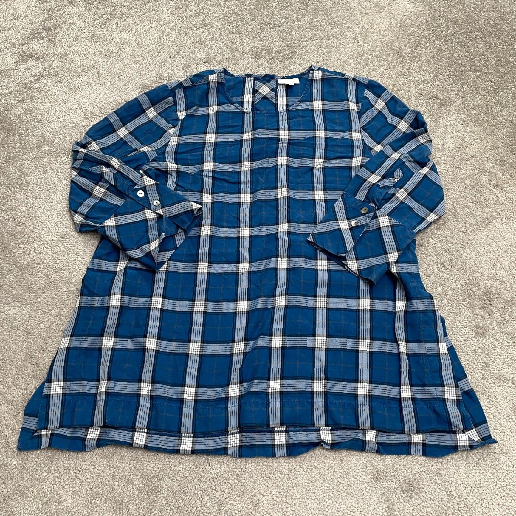 J. Jill J.Jill Blouse Shirt Womens Large Petite Plaid Tencel Long Sleeve Crew Neck Button Casual Fall Spring Summer Blue White Pattern Li ne-Up Size L / US 10 / IT 46 - 2 Thumbnail