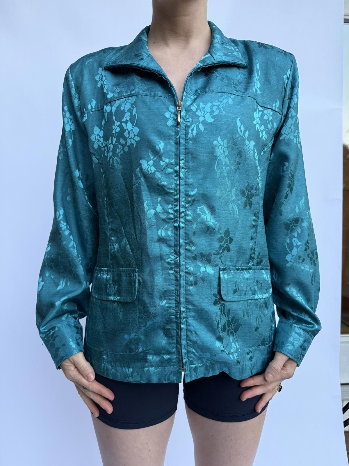 Designer Vintage Floral Zip-Up Jacket - Teal Size ONE SIZE - 1 Thumbnail