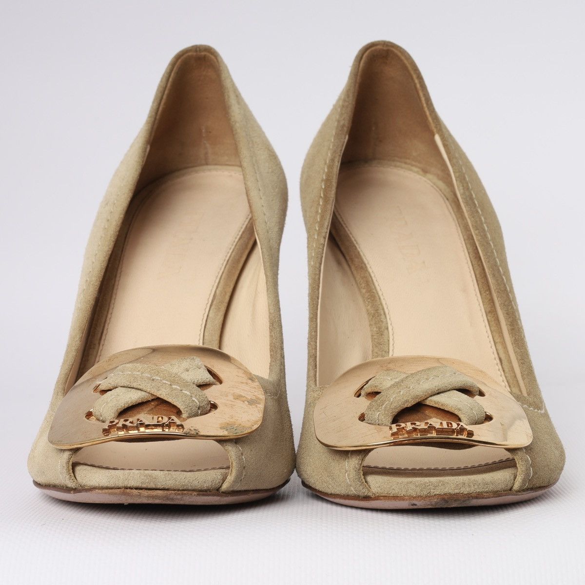 Prada Prada Beige Suede Peep-toe Pumps gold-tone Buckle Block Heel Size US 6.5 / IT 36.5 - 7 Thumbnail