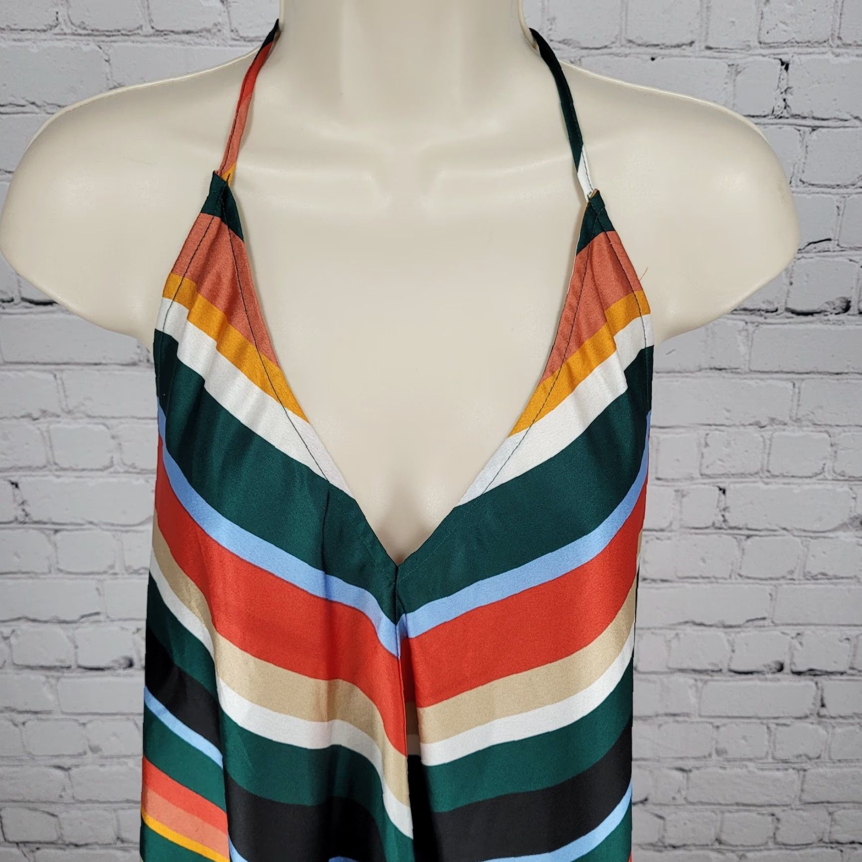 Lulus Lulus Multicolor Striped Silky Satin V-Neck Halter Tie Backless Dress Medium M Size M / US 6-8 / IT 42-44 - 4 Thumbnail