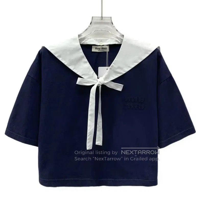 Miu Miu Miu Miu Navy Cotton T-Shirt with Collar . Size XS / US 0-2 / IT 36-38 - 1 Thumbnail