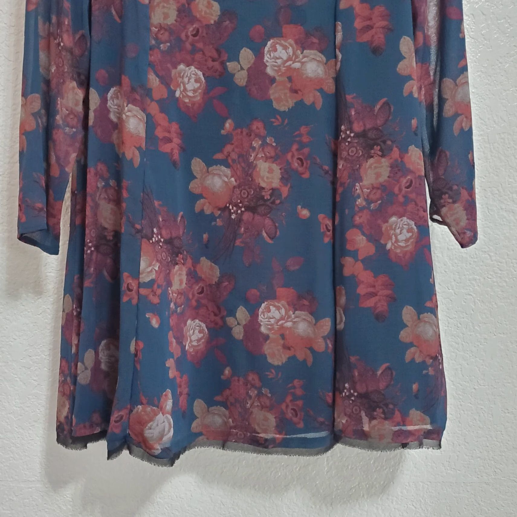 Vintage Kimchi Blue Dress Women L Blue Floral A Line Sheer Long Sleeves Lined Tie Back Eyelash Hem Boho Casual Party/Cocktail Travel Size L / US 10 / IT 46 - 5 Thumbnail
