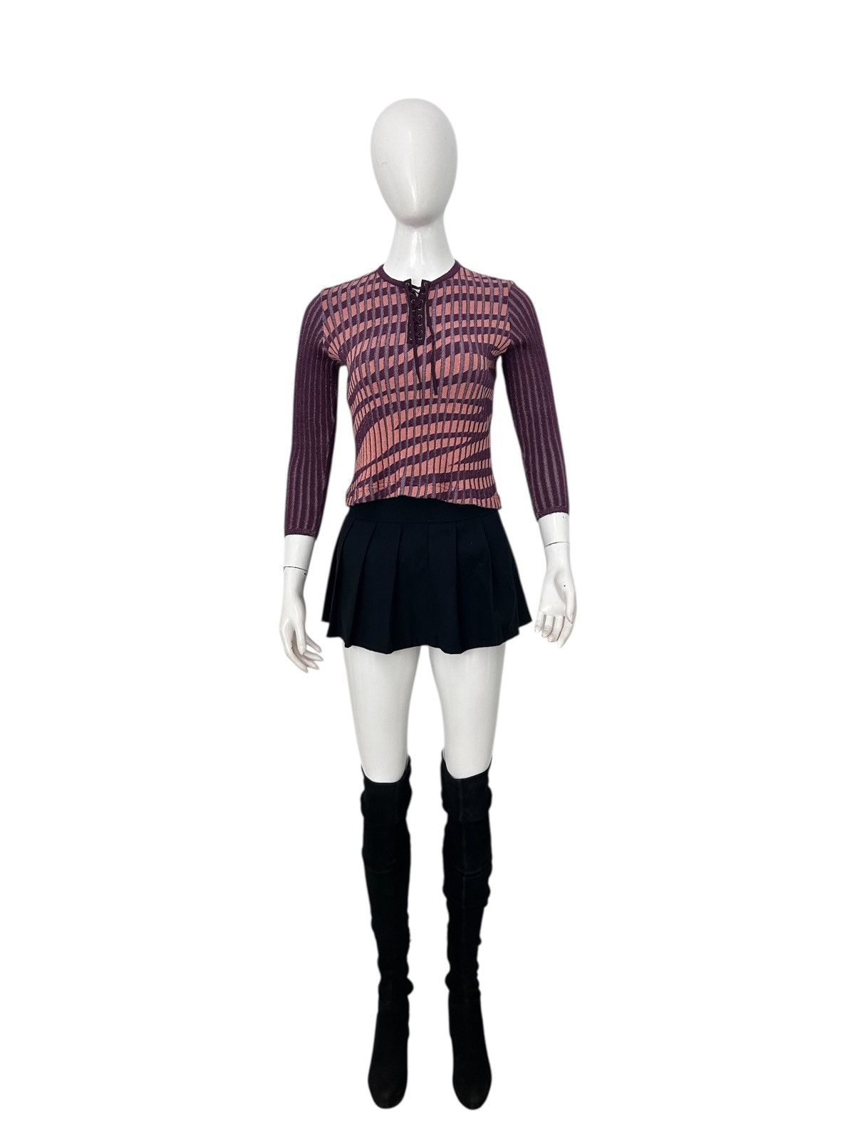 If Six Was Nine Vintage Y2k Distorted Grid Lace Up Knit Top Size M / US 6-8 / IT 42-44 - 3 Thumbnail