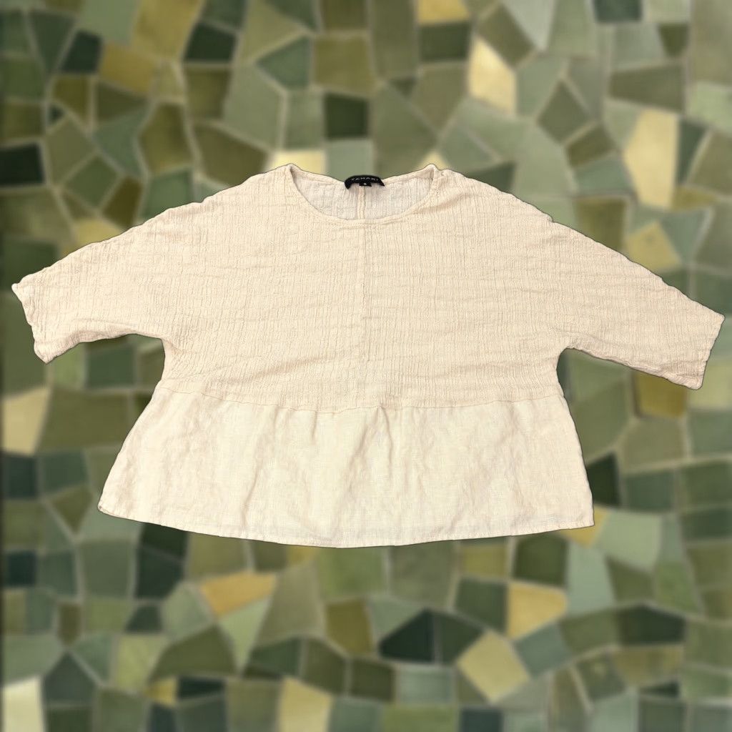 Vintage Tahari Blouse Women's Small Beige Linen Cotton Short Sleeve Casual Tunic Size S / US 4 / IT 40 - 1 Thumbnail
