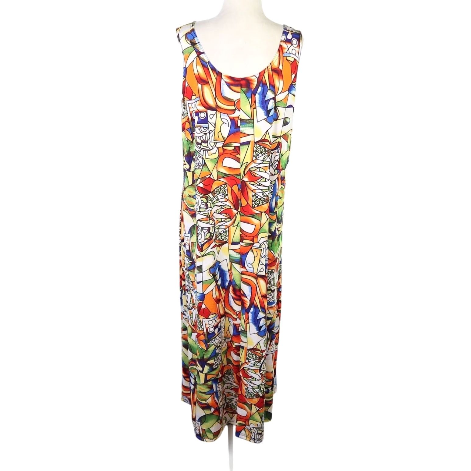 VINTAGE Jostar Dress Jersey Midi 90s Multicolor Stained Glass Print Womens  M Red Sleeveless Bohemian Hippie