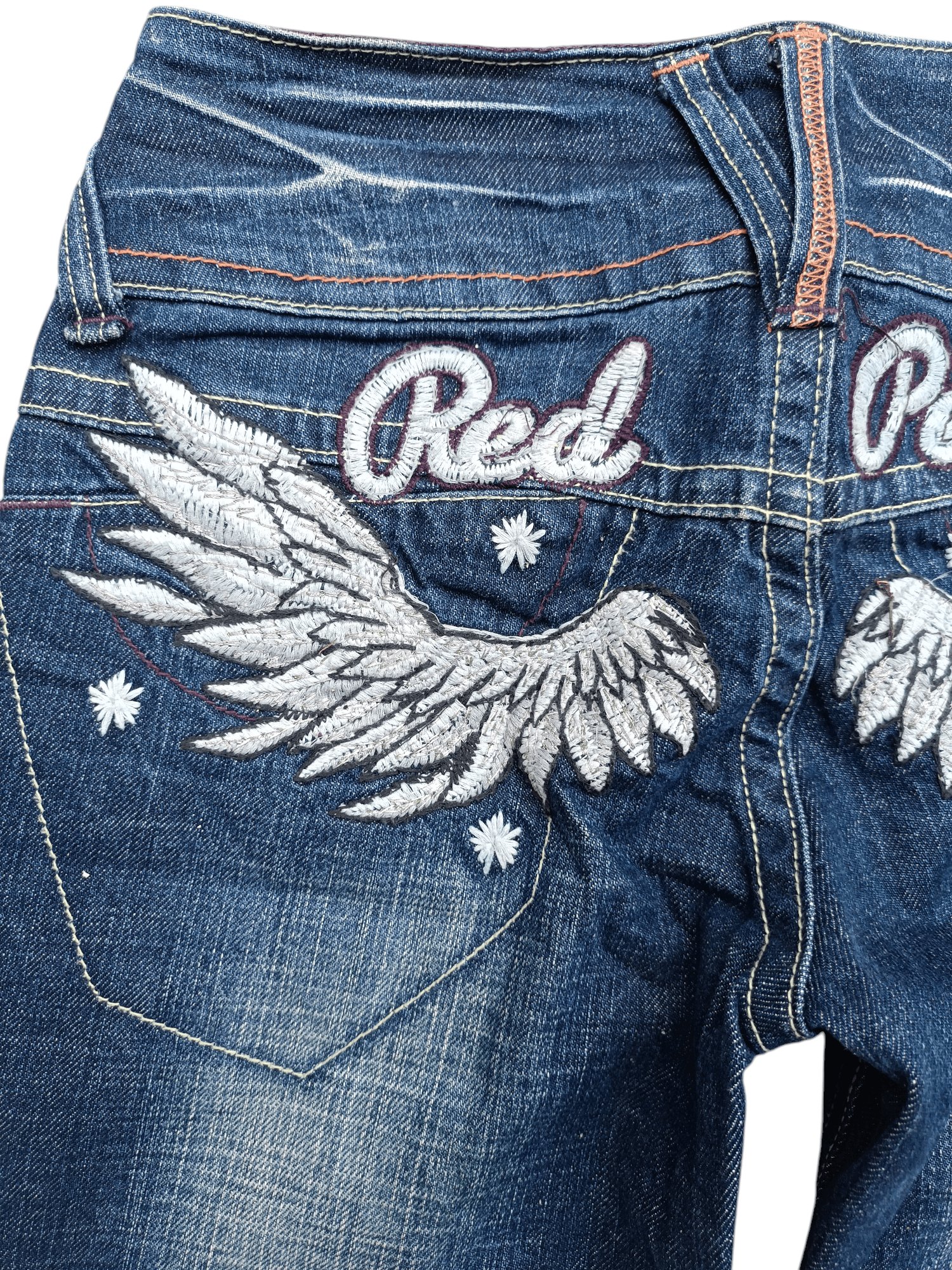 Beauty Beast × If Six Was Nine × Tornado Mart Flared Red Pepper Low Rise Embroidery Angel Wings Denim Size US 29 - 10 Thumbnail