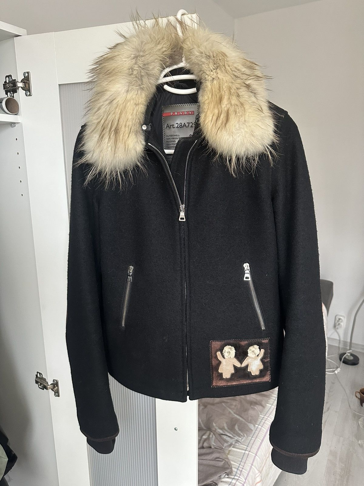 image of Avant Garde x Prada Wool Jacket With Fox Fur Collar in Black, Women's (Size Small)