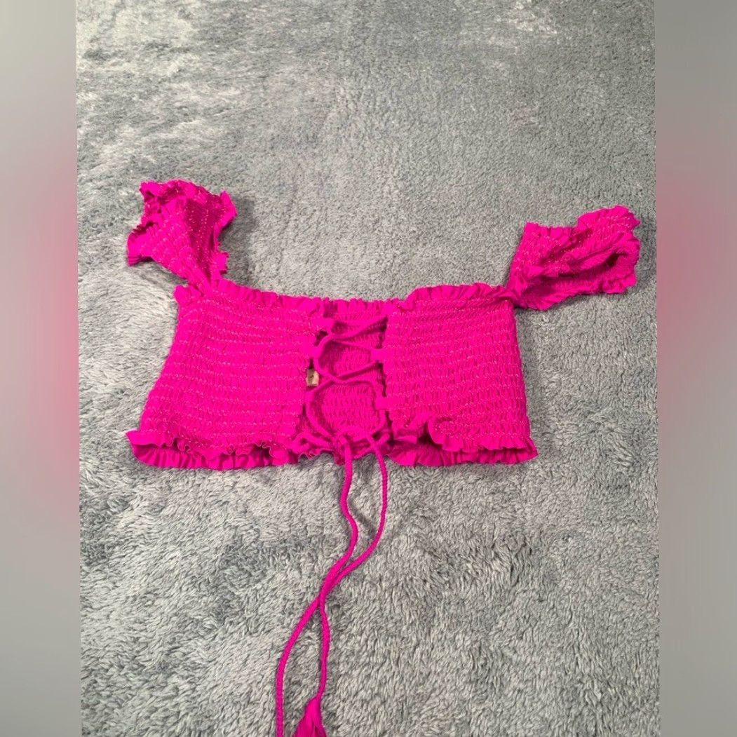 Swims PilyQ Swim Top Smocked Sleeves Fuschia Pink Small S Pink Women Bikini Top Size S / US 4 / IT 40 - 7 Thumbnail