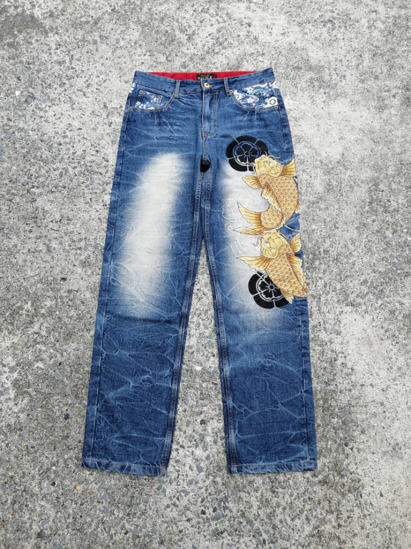 image of Designer Fugutaiten Wagara Koi Fish Embroidered Denim Jeans, Men's (Size 31)