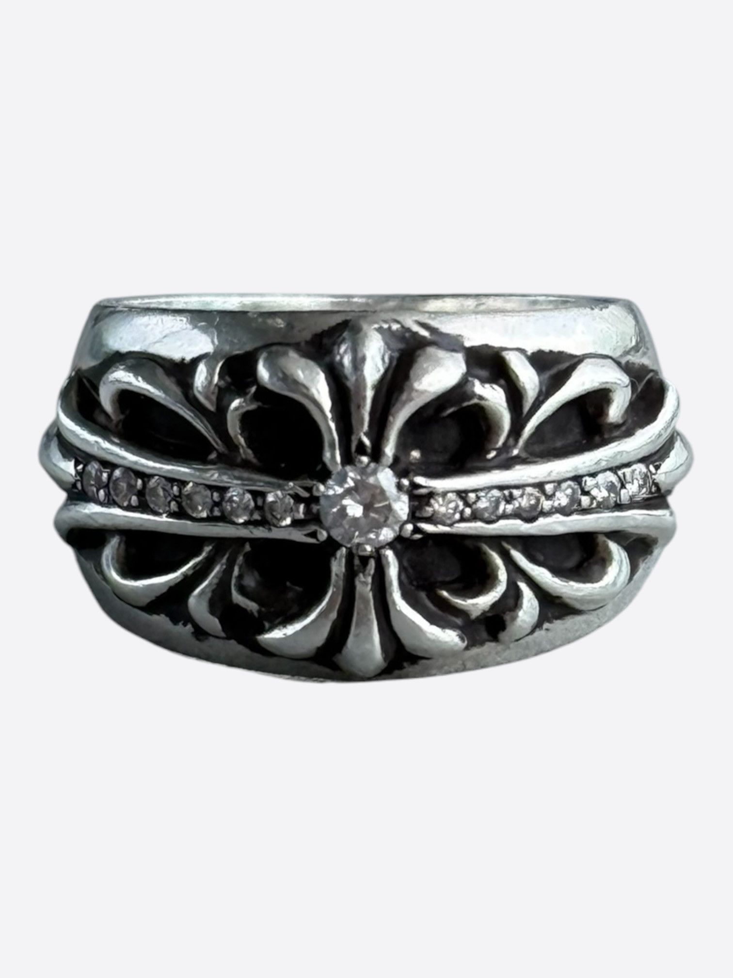 Chrome Hearts Chrome Hearts Silver & Diamond Keeper Cross Floral Ring Size ONE SIZE - 1 Thumbnail