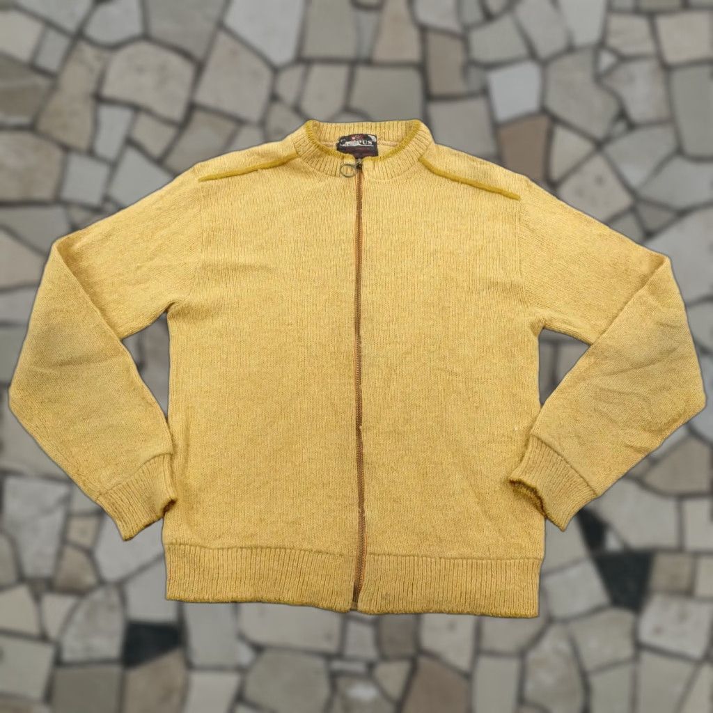 VINTAGE Campus Sweater Mens Medium Mustard Yellow Zip Up Mock Neck Cardigan 70s