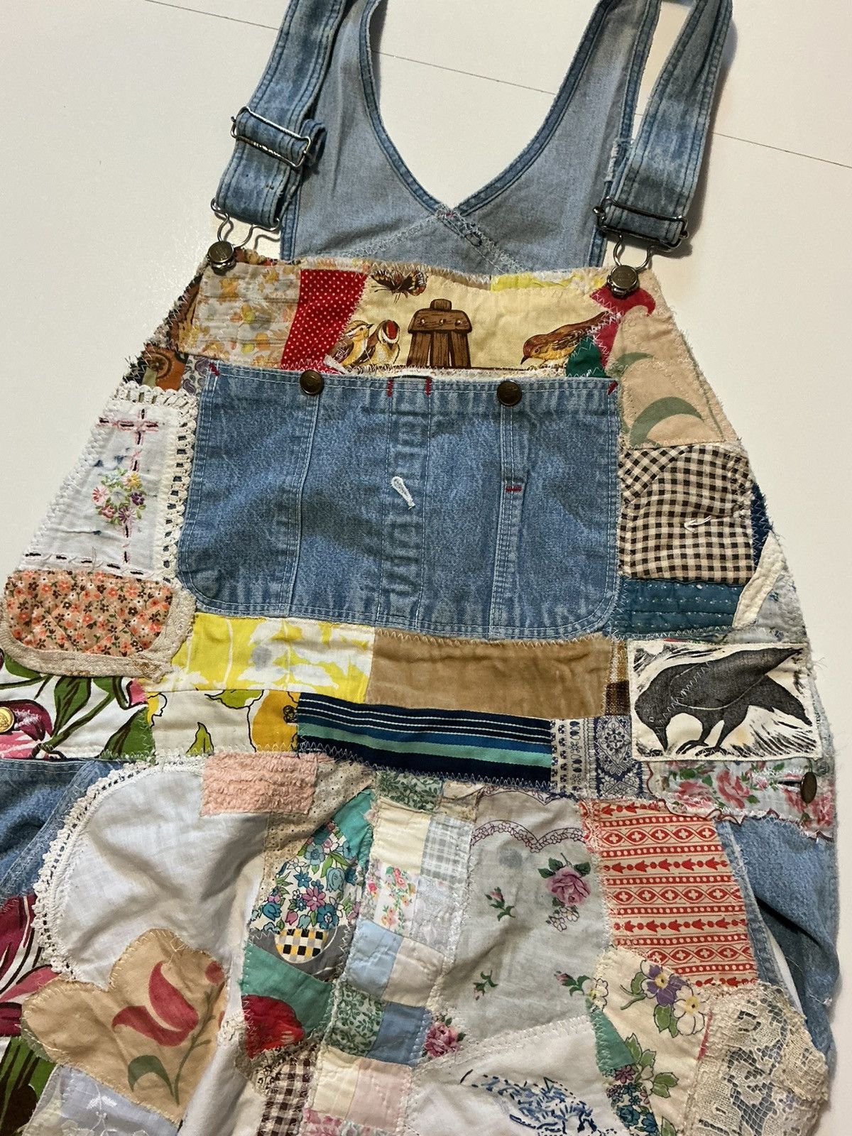 Vintage VTG Peace & Love Patchwork Assemblage Denim Jean Overalls Size US 40 / EU 56 - 5 Thumbnail