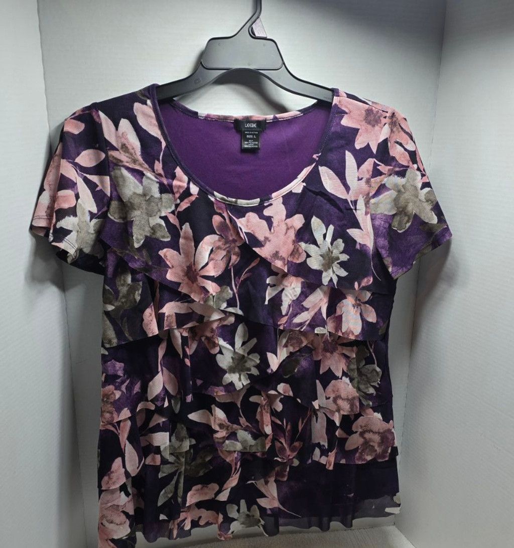 LIEBESKIND BERLIN Women's LEEBE Purple Floral Ruffle Short Sleeve Tee Size L Size L / US 10 / IT 46 - 1 Thumbnail