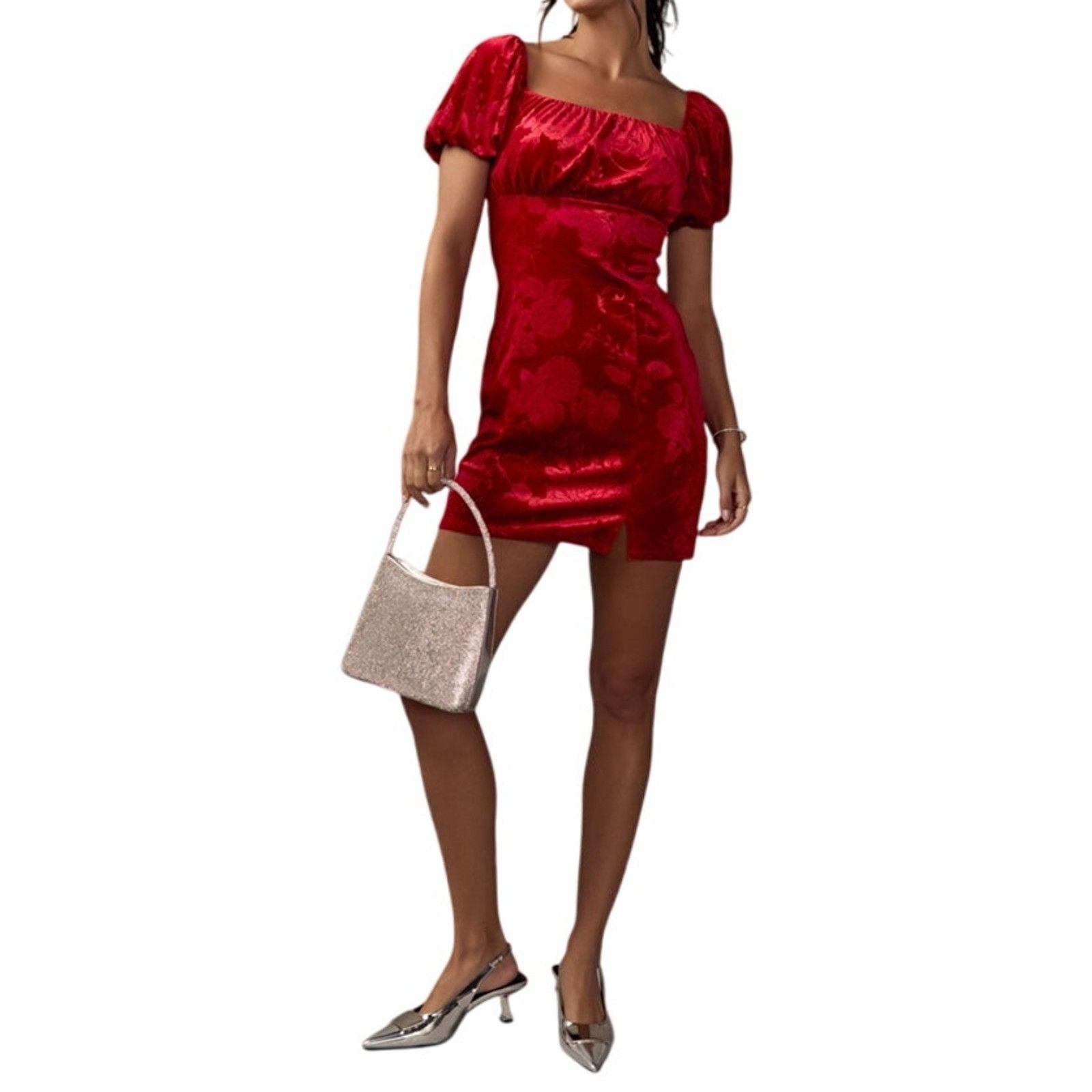 Other Francesca's Red Velvet Jacquard Short Puff Sleeve Mini Dress Size L / US 10 / IT 46 - 2 Thumbnail