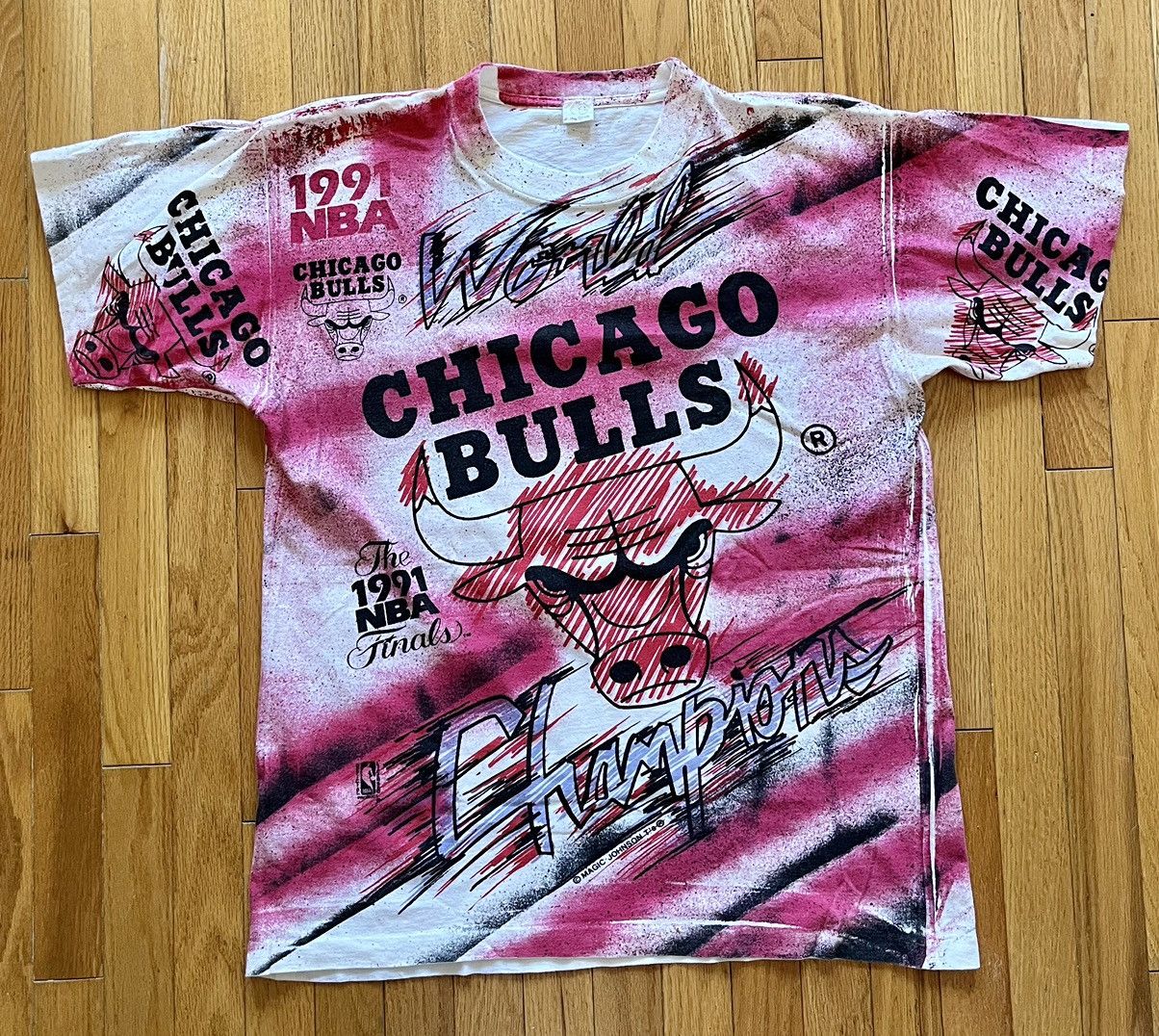 image of VTG Chicago Bulls 1991 Nba Champions All-Over Print Aop in White, Men's (Size XL)