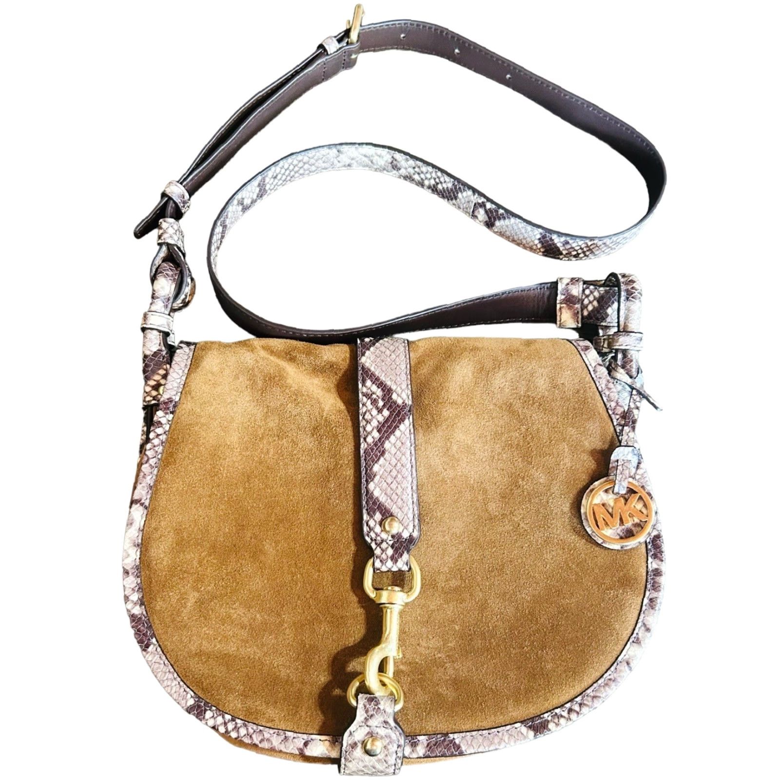 Vintage Michael Kors Jamie Saddle Bag Women's Crossbody Purse Brown Suede Snake Print Crossbody Bag, Large, Brown, Adult Women, 15in Strap, Gold hardware Size ONE SIZE - 2 Thumbnail