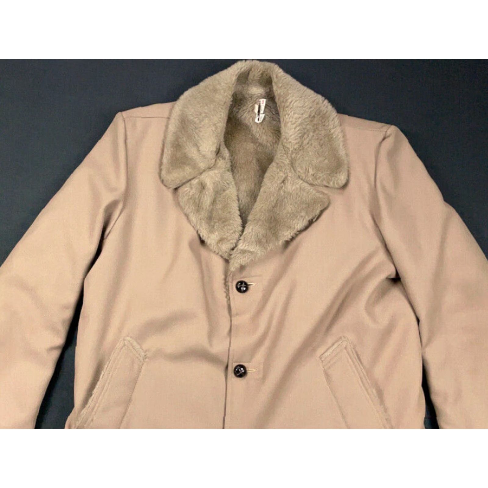Vintage VTG 70s Beige 3-Button Top Coat Faux Fur Collar Lined Overcoat USA Made 44 Coat Mens Beige 70s VTG Size US XXL / EU 58 / 5 - 3 Thumbnail