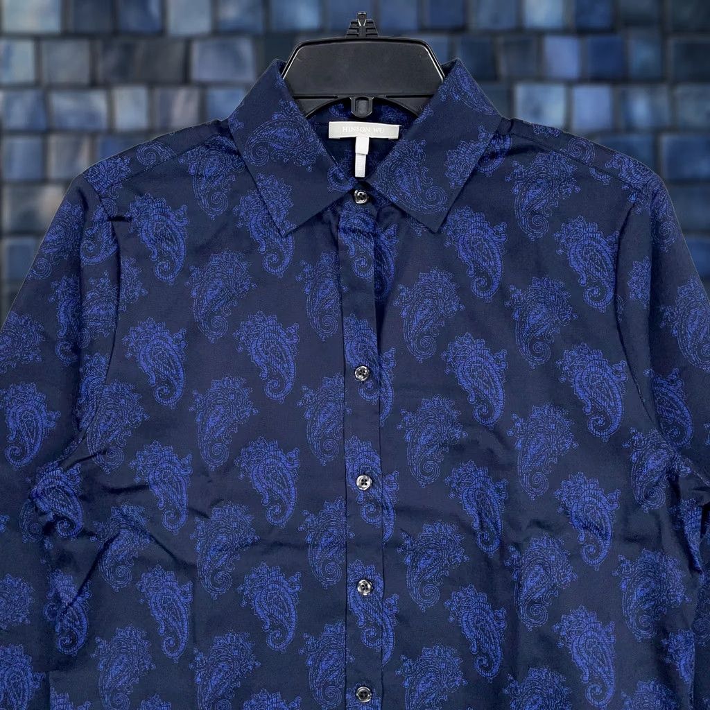 Vintage Hinson Wu Shirt Womens 6 Navy Blue Paisley Print Button Front Cotton Blouse Size M / US 6-8 / IT 42-44 - 1 Thumbnail