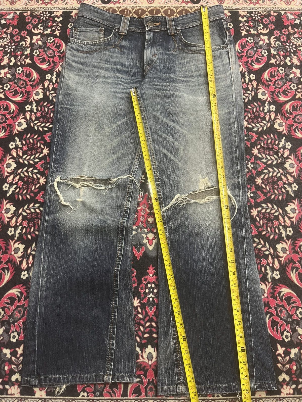 Edwin Vintage Edwin 431 XVS Dark Blue Washed Ripped Flare Jeans Size US 30 / EU 46 - 12 Thumbnail
