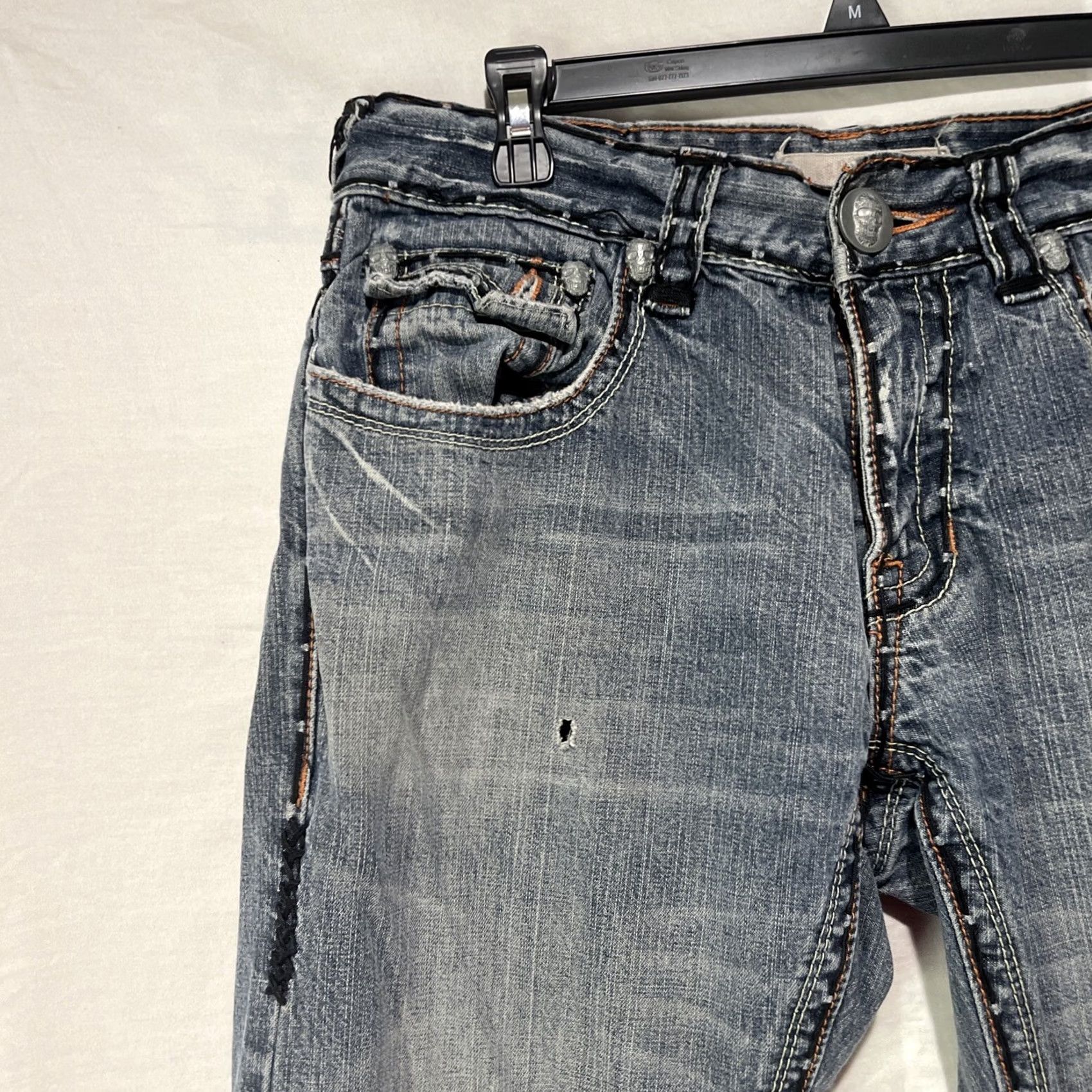 Vintage Laguna Beach Jeans Mens 32 Skull Button Stitched Blue Denim Distressed Zip Flat Jeans Distressed Skull 5-Pocket Men Size US 32 / EU 48 - 5 Thumbnail