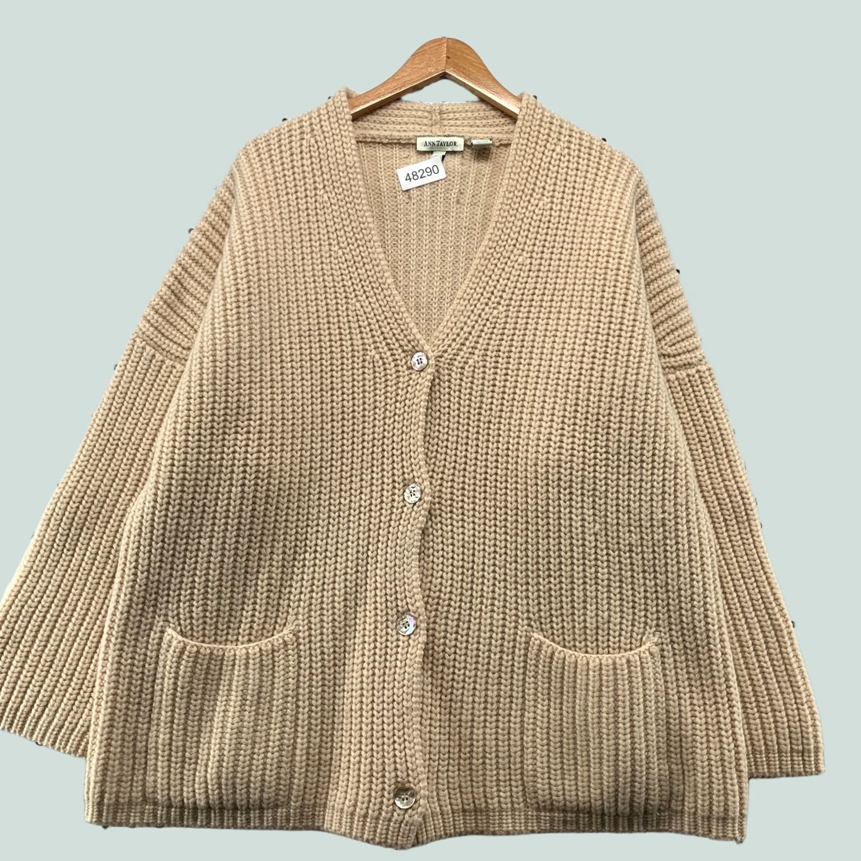 Ann Taylor VINTAGE Ann Taylor Wool Cardigan Sweater Womens Large Beige Chunky Rib Knit Oversized Size L / US 10 / IT 46 - 1 Thumbnail