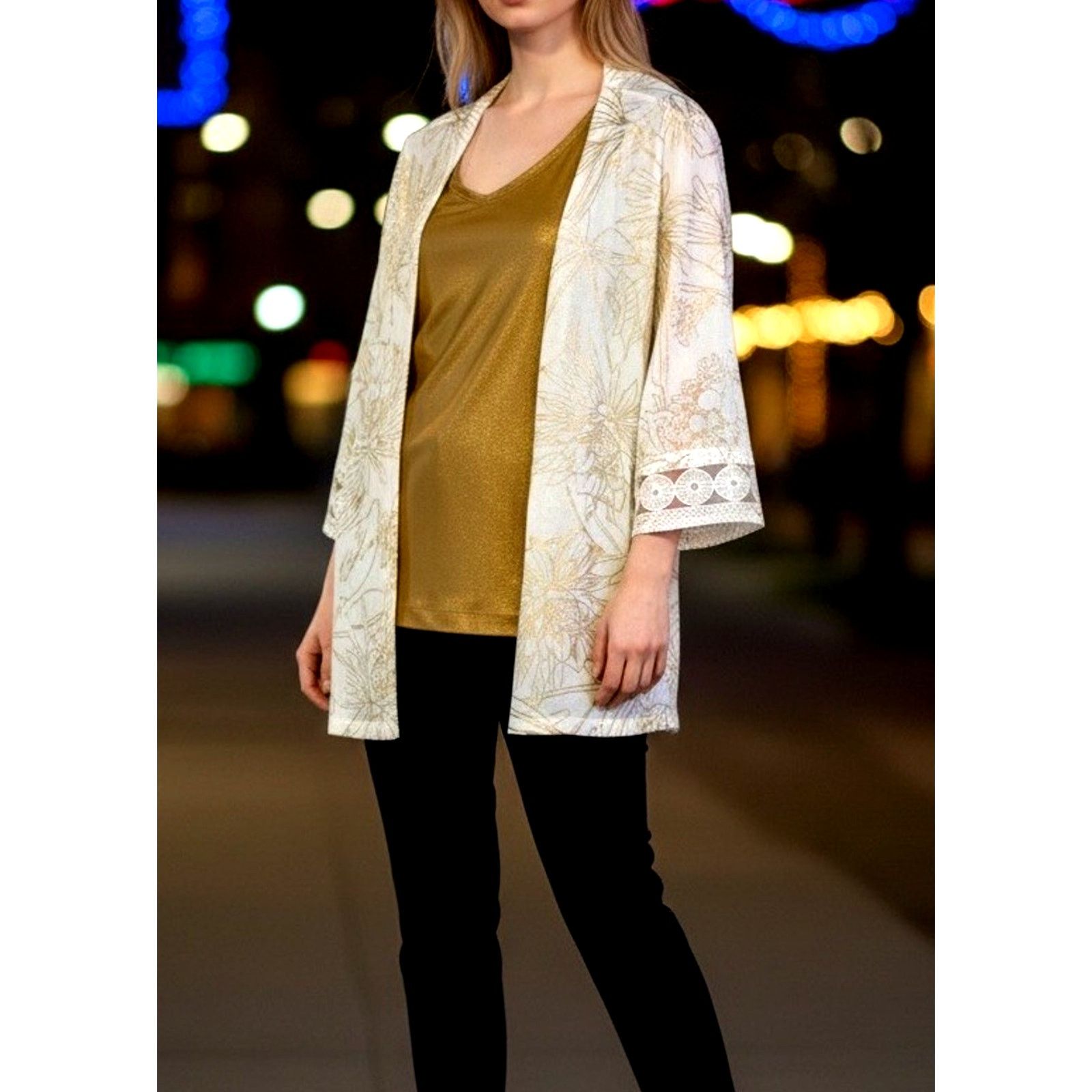 Chicos Chico's 2pc Set White Floral Cardigan Kimono Gold Metallic L Size XL / US 12-14 / IT 48-50 - 8 Thumbnail