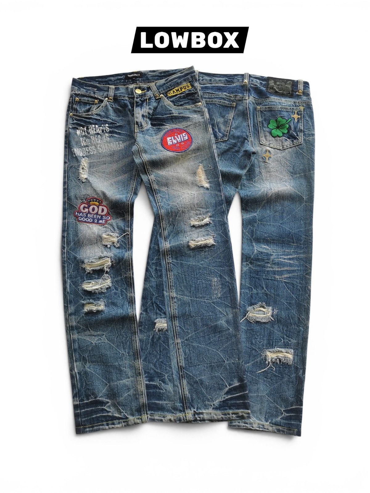LOWBOX Avantgarde Lowbox Distressed Clawmark Elvis Patches Jeans Size US 31 - 1 Thumbnail