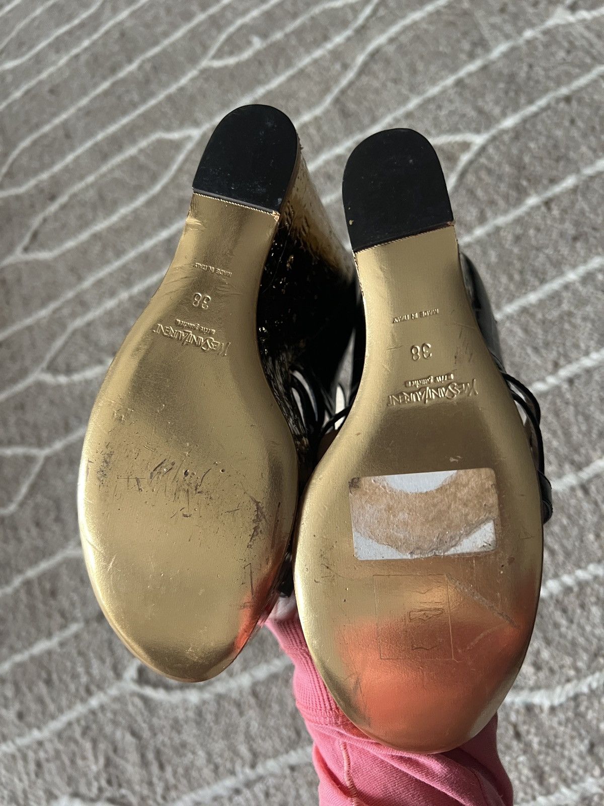 Yves Saint Laurent Yves Saint Laurent Black Leather Straps Gold Cork Wedge Size US 7 / IT 37 - 15 Thumbnail