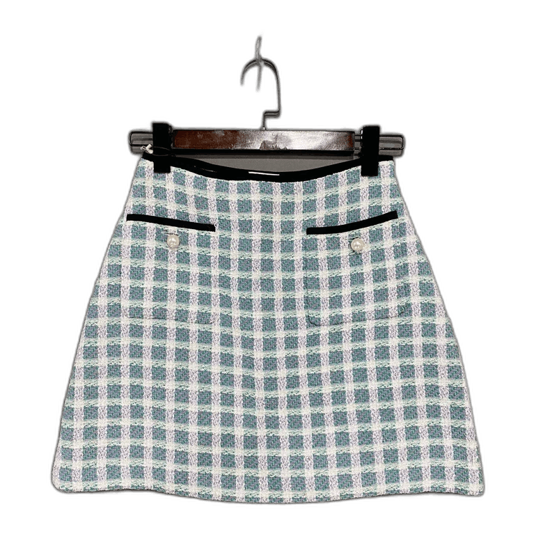 Prada Pearl Button Woven Plaid Mini Skirt Size 40" / US 18 - 1 Thumbnail