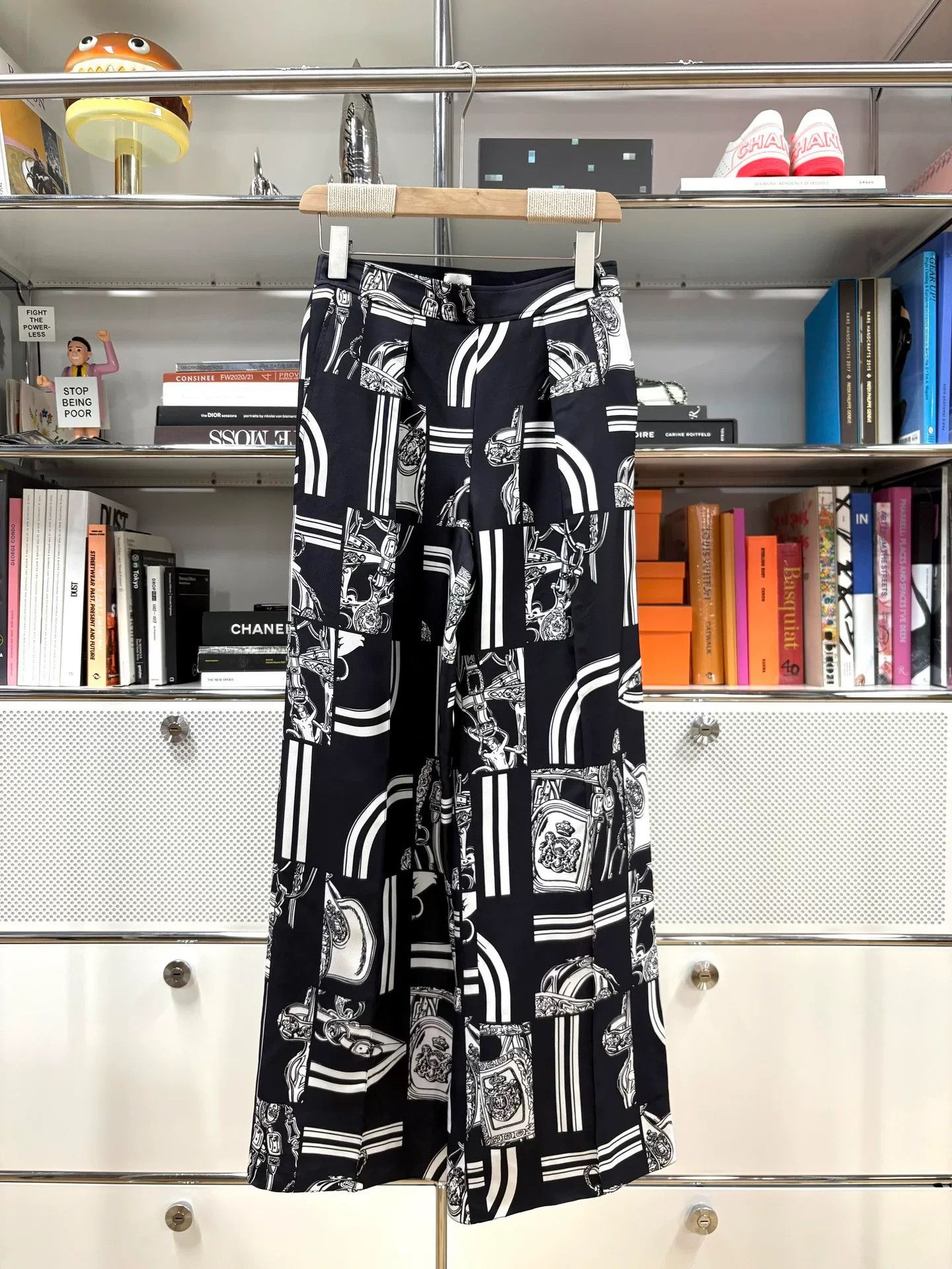 Hermes Black White Saddle Print Wide-Leg Pants