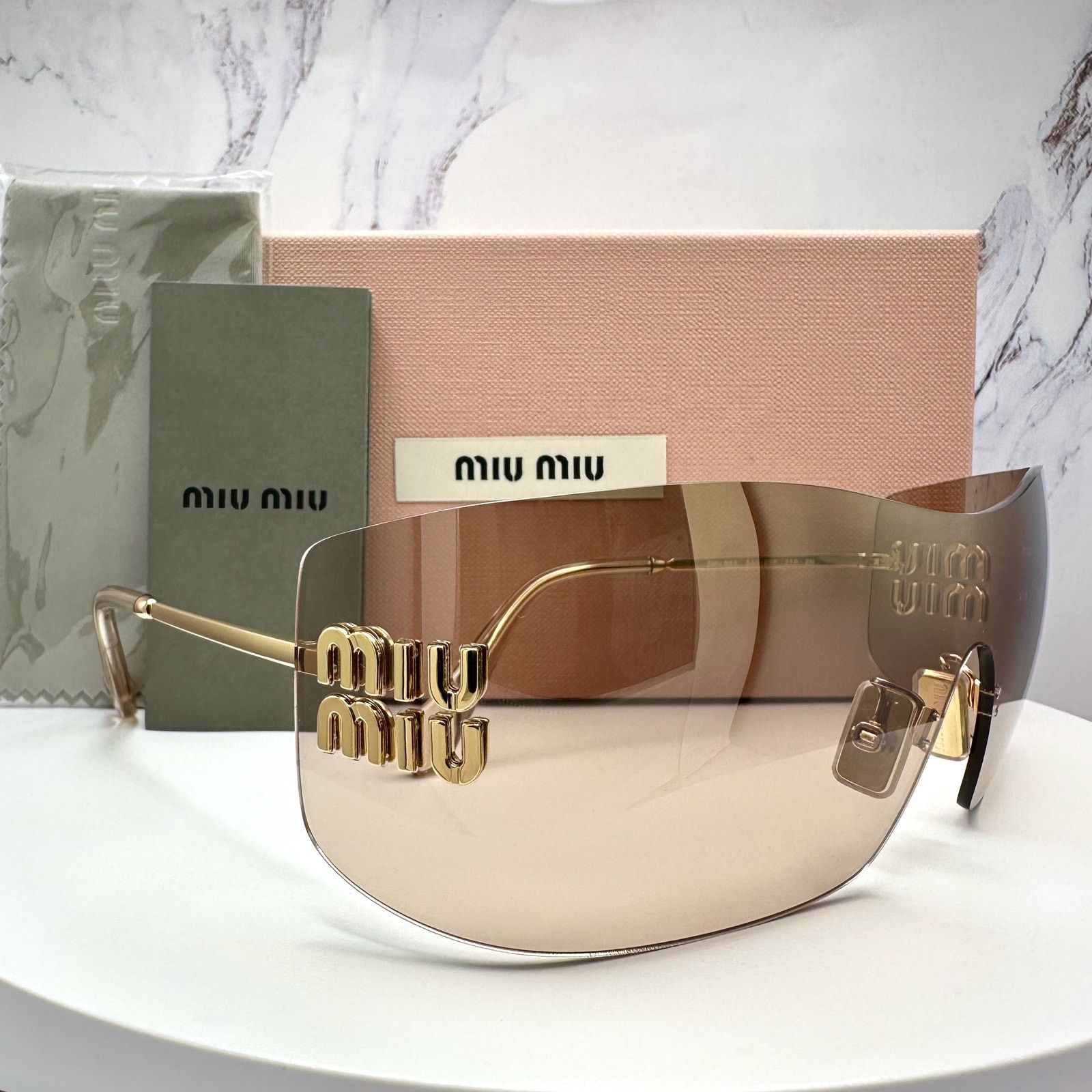 Miu Miu New MIU MIU Sunglasses Gold Light Mirror Bronze Rimless Wrap Size ONE SIZE - 14 Thumbnail