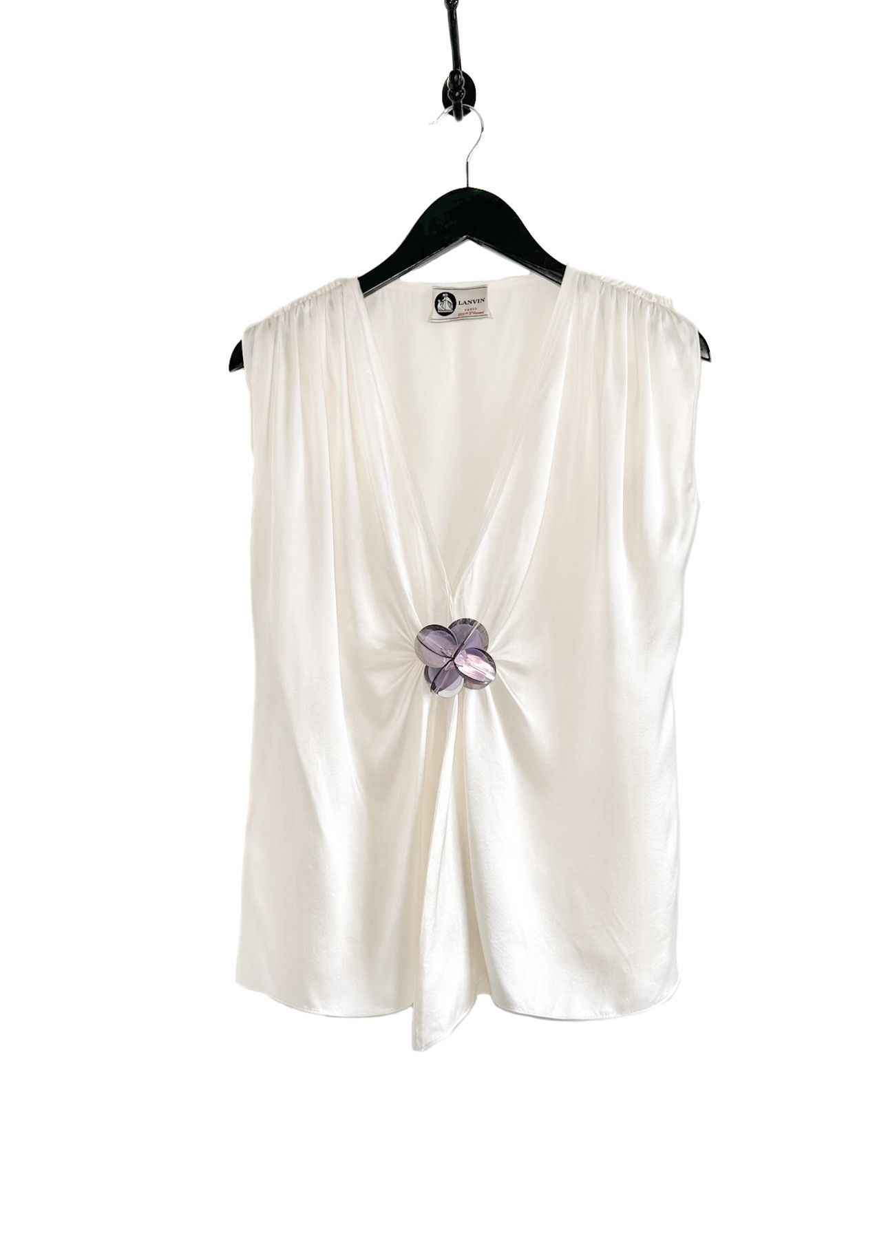 Lanvin Lanvin Ivory Silk Flower Embellished Sleeveless Top Size L / US 10 / IT 46 - 1 Thumbnail